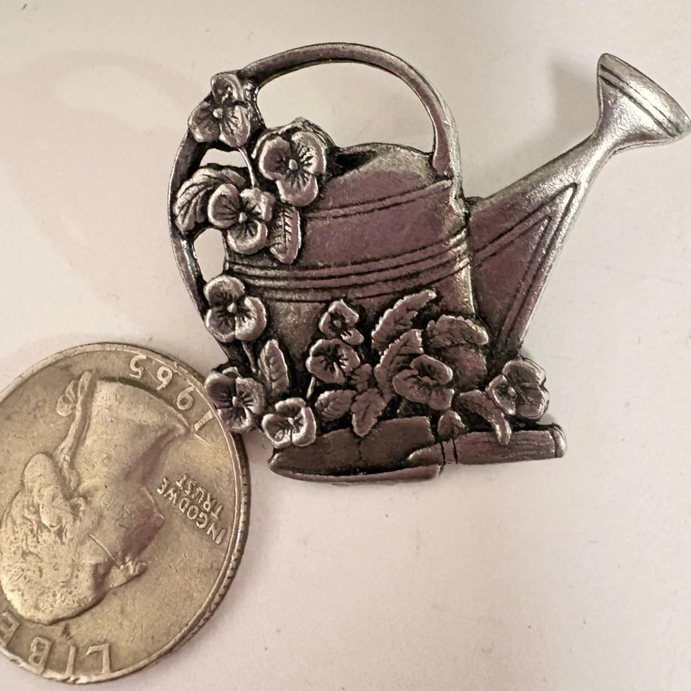 Vintage 1983 Vintage Pewter Floral Watering Can Brooch